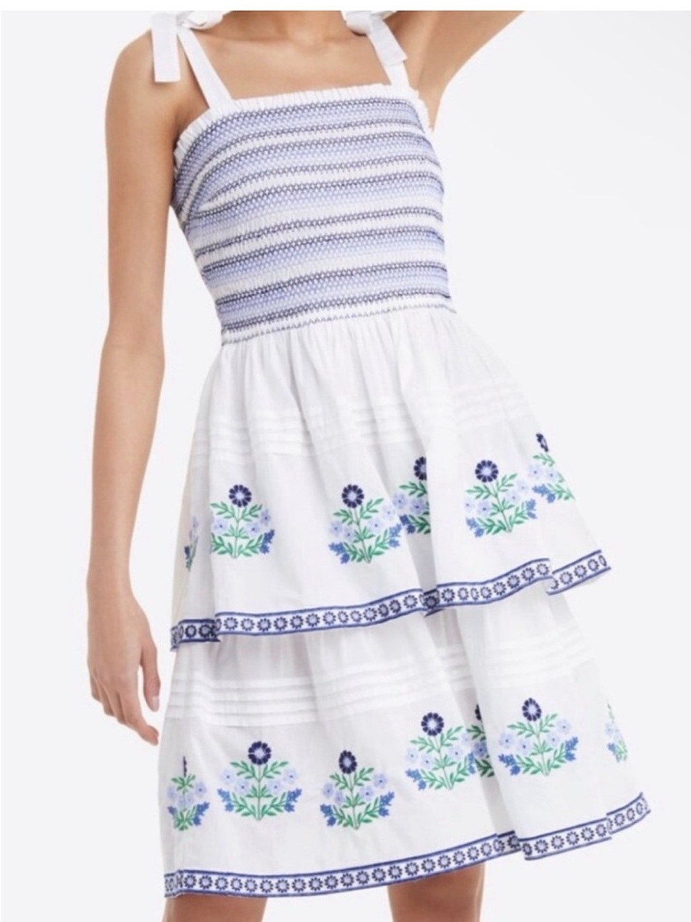 Draper James White Midi Sundress with Blue Floral Embroidery